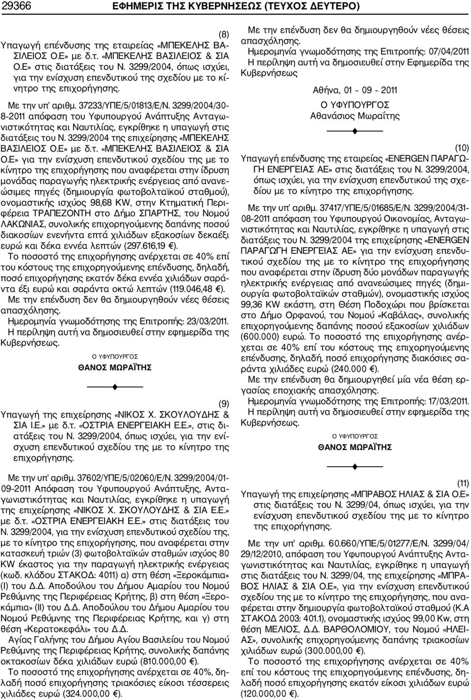 3299/2004/30 8 2011 απόφαση του Υφυπουργού Ανάπτυξης Ανταγω διατάξεις του Ν. 3299/2004 της επιχείρησης «ΜΠΕΚΕΛΗΣ ΒΑΣΙΛΕΙΟΣ Ο.Ε» με δ.τ. «ΜΠΕΚΕΛΗΣ ΒΑΣΙΛΕΙΟΣ & ΣΙΑ Ο.