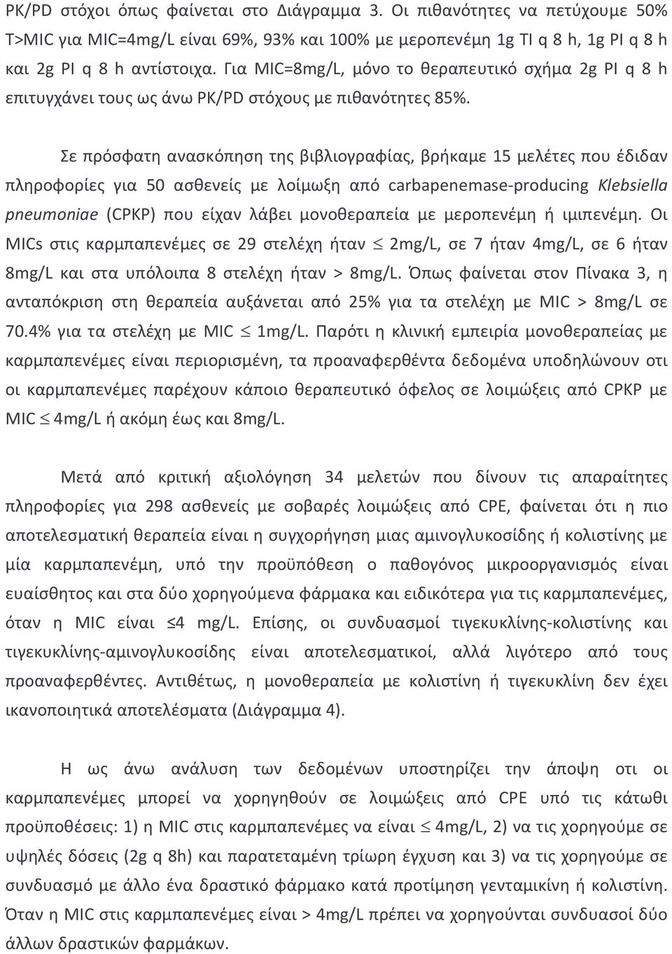 Σε πρόσφατη ανασκόπηση της βιβλιογραφίας, βρήκαμε 15 μελέτες που έδιδαν πληροφορίες για 50 ασθενείς με λοίμωξη από carbapenemase-producing Klebsiella pneumoniae (CPKP) που είχαν λάβει μονοθεραπεία με