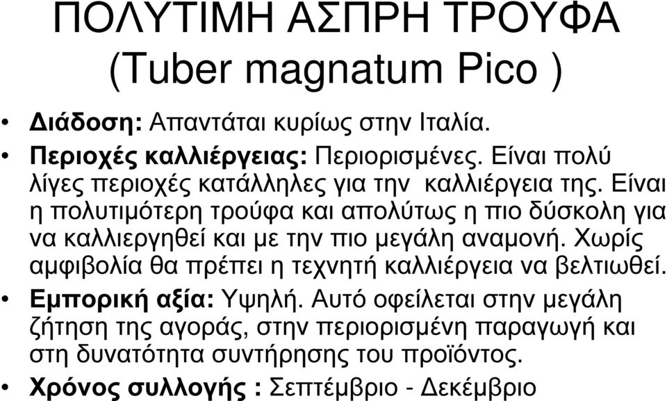 Είναι η πολυτιµότερη τρούφα και απολύτως η πιο δύσκολη για να καλλιεργηθεί και µε την πιο µεγάλη αναµονή.