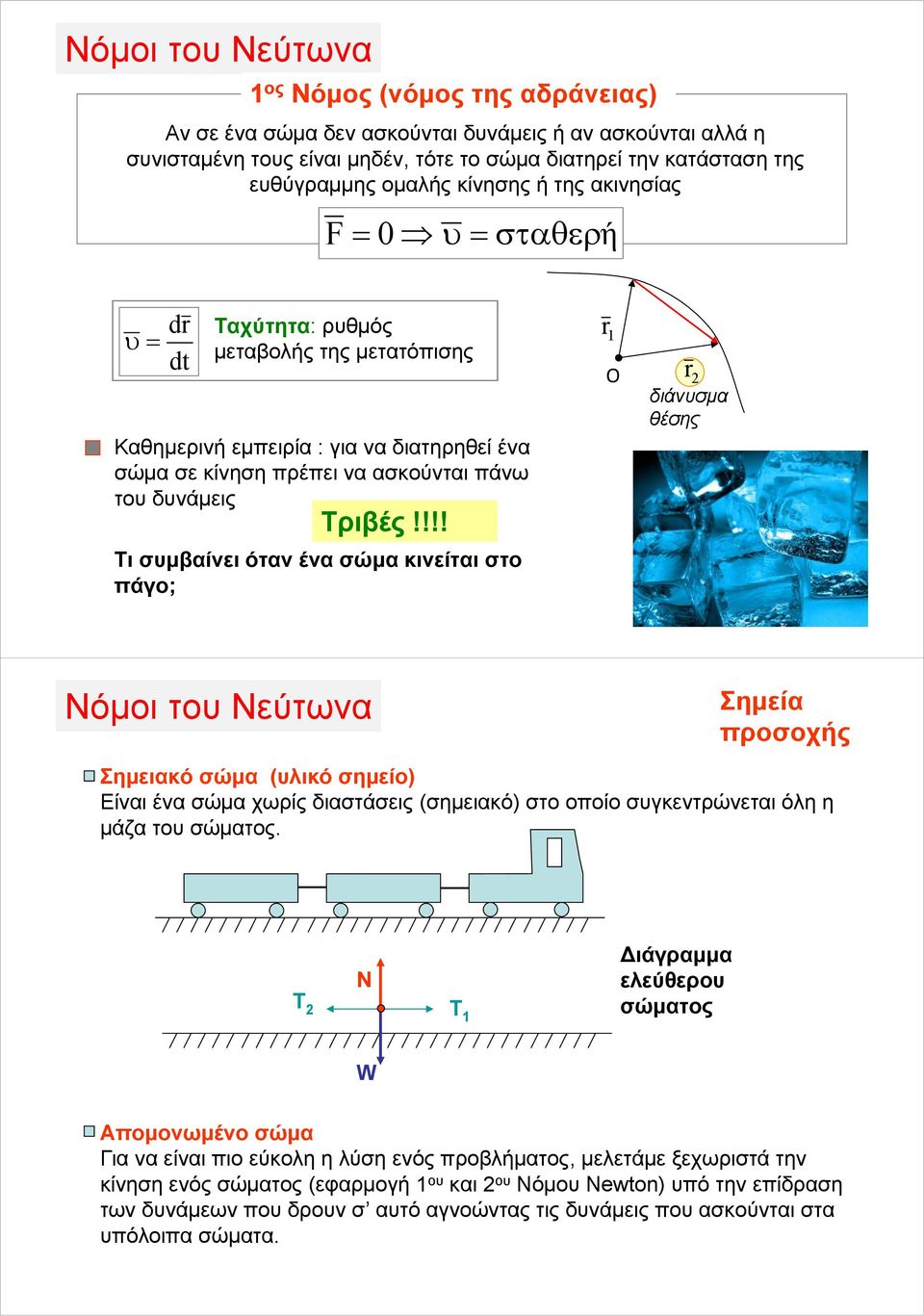 !!! Τι συμβαίνει όταν ένα σώμα κινείται στο πάγο; r O r διάνυσμα θέσης Νόμοι του Νεύτωνα Σημεία προσοχής Σημειακό σώμα (υλικό σημείο) Είναι ένα σώμα χωρίς διαστάσεις (σημειακό) στο οποίο