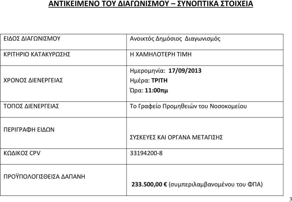 17/09/2013 Ημέρα: ΤΡΙΤΗ Ώρα: 11:00πμ Το Γραφείο Προμηθειών του Νοσοκομείου ΠΕΡΙΓΡΑΦΗ ΕΙΔΩΝ