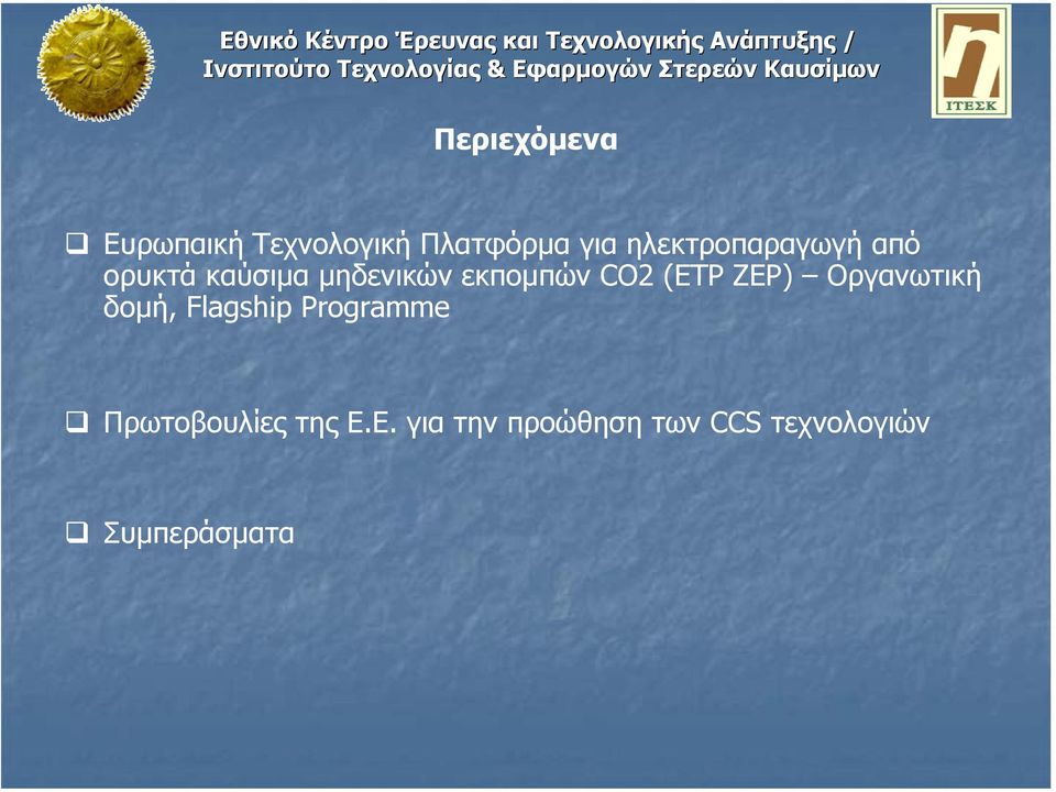 CO2 (ΕTP ZEP) Οργανωτική δοµή, Flagship Programme