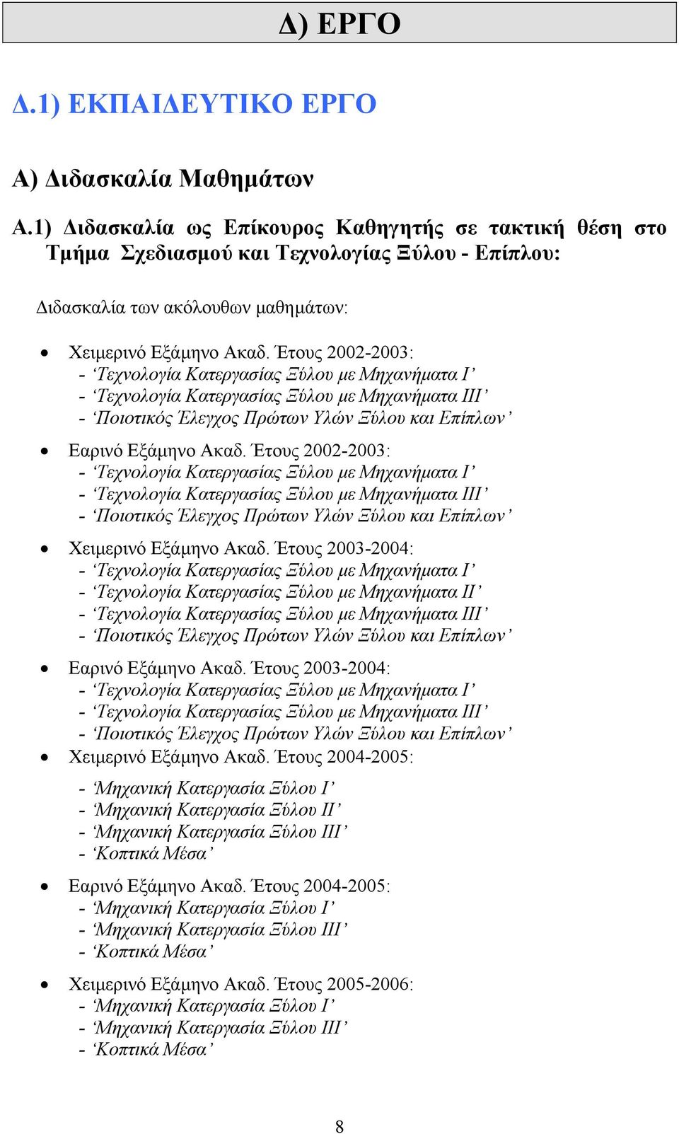 Έτους 2002-2003: - Τεχνολογία Κατεργασίας Ξύλου µε Μηχανήµατα Ι - Τεχνολογία Κατεργασίας Ξύλου µε Μηχανήµατα ΙΙΙ - Ποιοτικός Έλεγχος Πρώτων Υλών Ξύλου και Επίπλων Εαρινό Εξάµηνο Ακαδ.