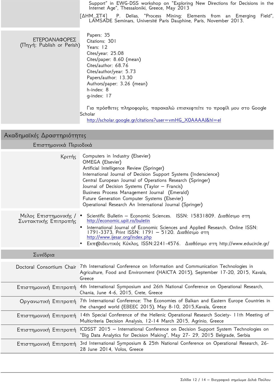 ΕΤΕΡΟΑΝΑΦΟΡΕΣ (Πηγή: Publish or Perish) Papers: 35 Citations: 301 Years: 12 Cites/year: 25.08 Cites/paper: 8.60 (mean) Cites/author: 68.76 Cites/author/year: 5.73 Papers/author: 13.