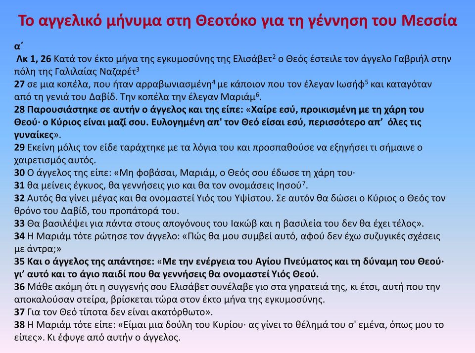 28 Παρουσιάστηκε σε αυτήν ο άγγελος και της είπε: «Χαίρε εσύ, προικισμένη με τη χάρη του Θεού ο Κύριος είναι μαζί σου. Ευλογημένη απ' τον Θεό είσαι εσύ, περισσότερο απ όλες τις γυναίκες».