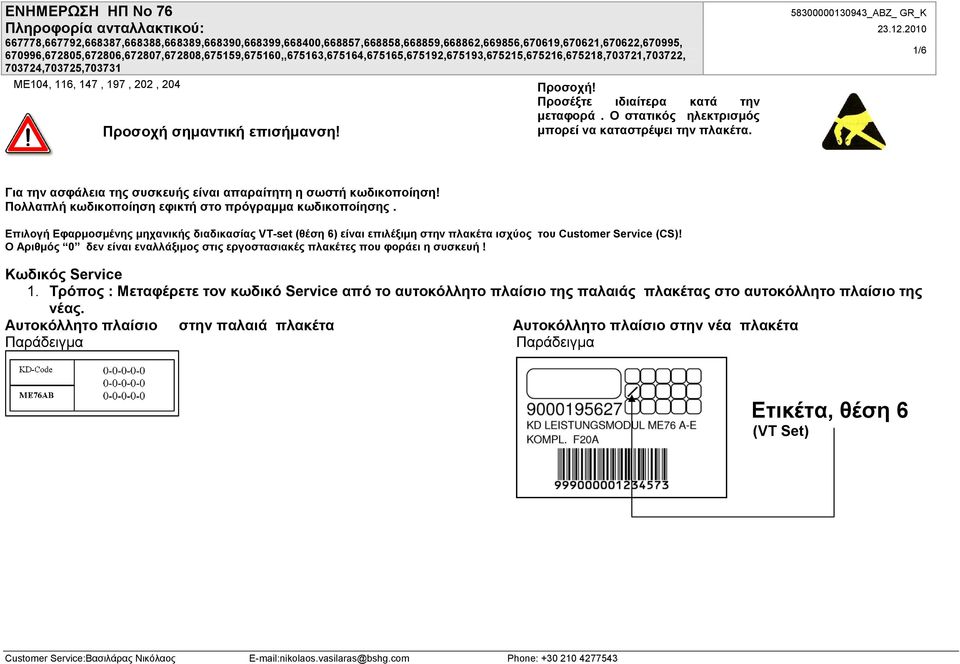 Επιλογή Εφαρμοσμένης μηχανικής διαδικασίας VT-set (θέση 6) είναι επιλέξιμη στην πλακέτα ισχύος του Customer Service (CS)!