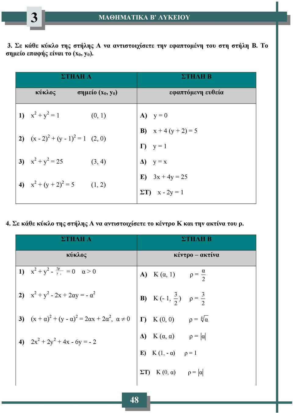 5 (1, ) Ε) + = 5 Τ) - = 1. ε κάθε κύκλο της στήλης Α να αντιστοιχίσετε το κέντρο Κ και την ακτίνα του ρ.