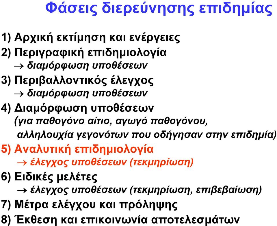 αλληλουχία γεγονότων που οδήγησαν στην επιδημία) 5) Αναλυτική επιδημιολογία έλεγχος υποθέσεων (τεκμηρίωση) 6)