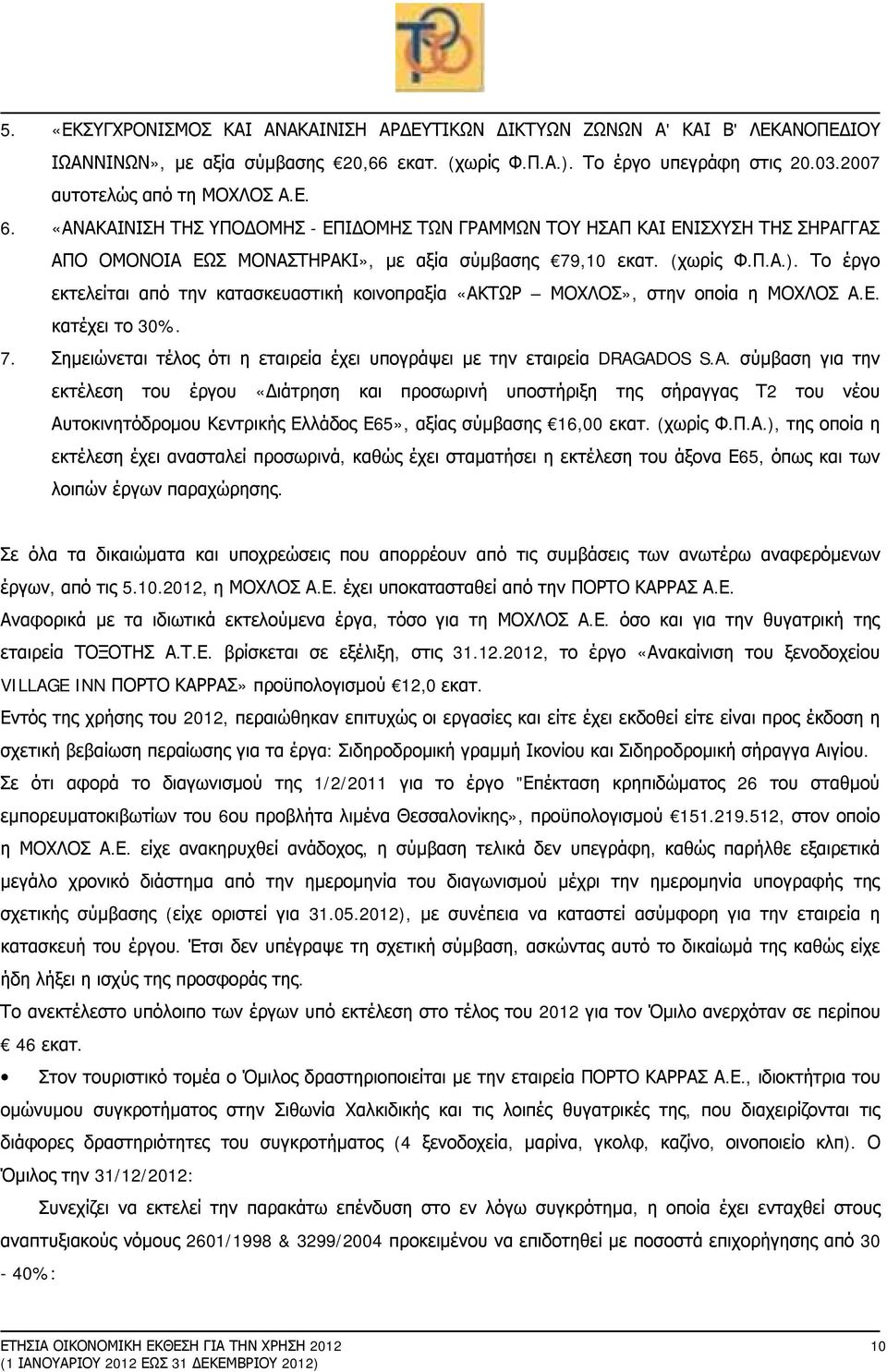 Το έργο εκτελείται από την κατασκευαστική κοινοπραξία «ΑΚΤΩΡ ΜΟΧΛΟΣ», στην οποία η ΜΟΧΛΟΣ Α.Ε. κατέχει το 30%. 7. Σημειώνεται τέλος ότι η εταιρεία έχει υπογράψει με την εταιρεία DRAG