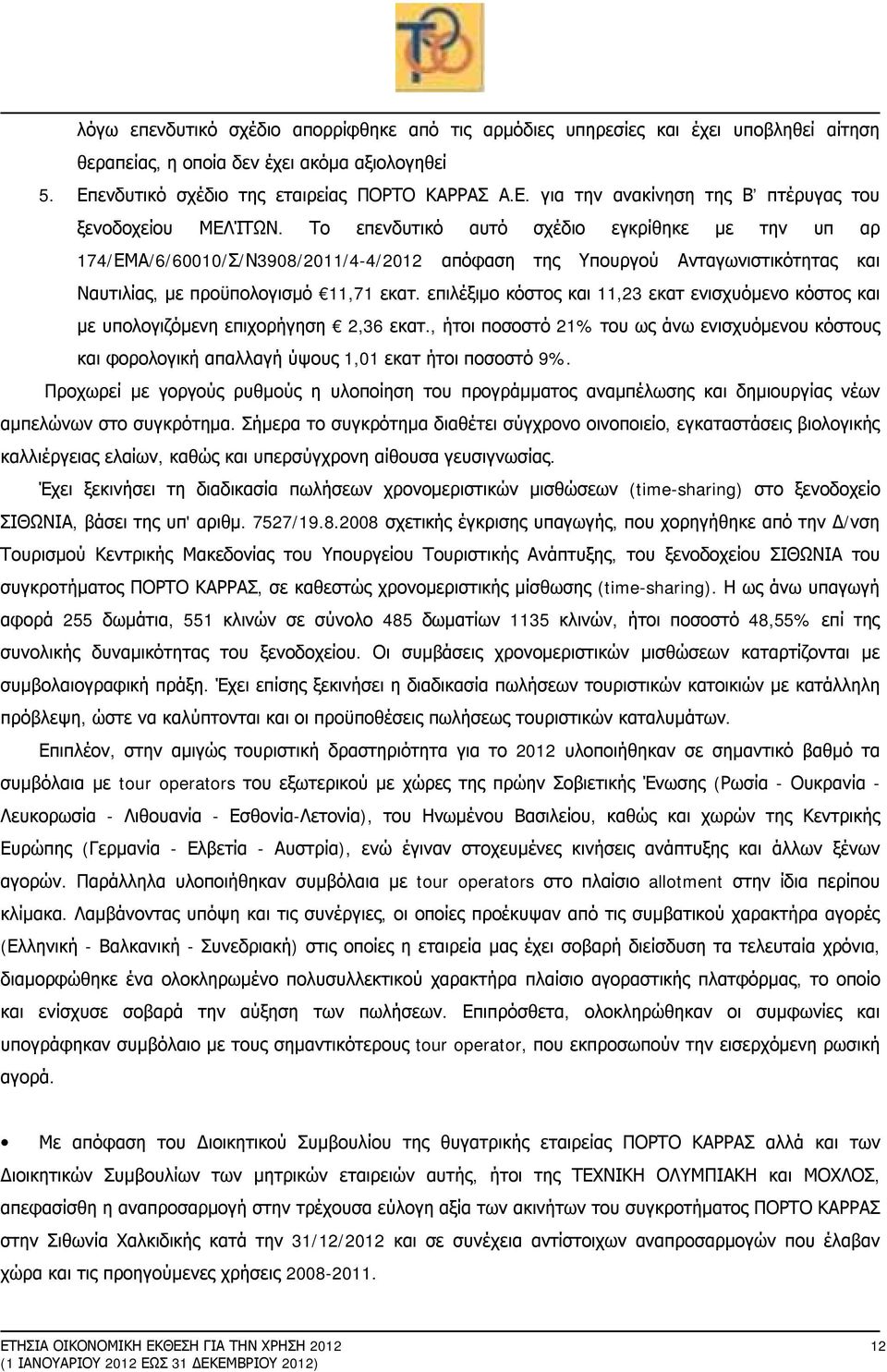 επιλέξιμο κόστος και 11,23 εκατ ενισχυόμενο κόστος και με υπολογιζόμενη επιχορήγηση 2,36 εκατ.