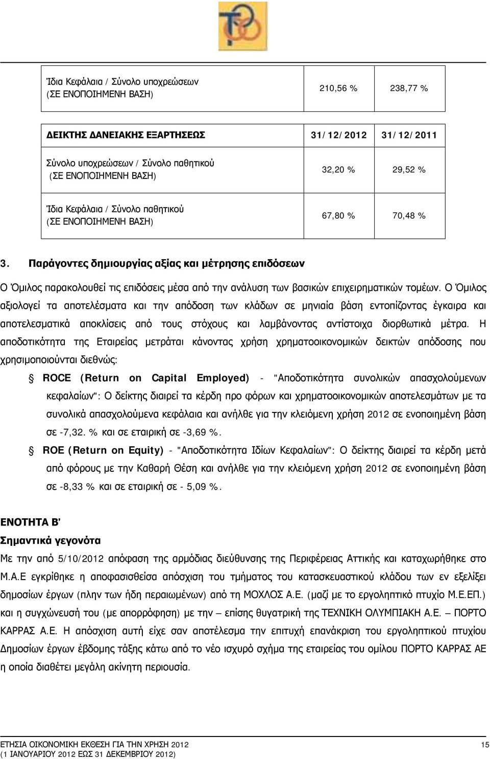 Παράγοντες δημιουργίας αξίας και μέτρησης επιδόσεων Ο Όμιλος παρακολουθεί τις επιδόσεις μέσα από την ανάλυση των βασικών επιχειρηματικών τομέων.