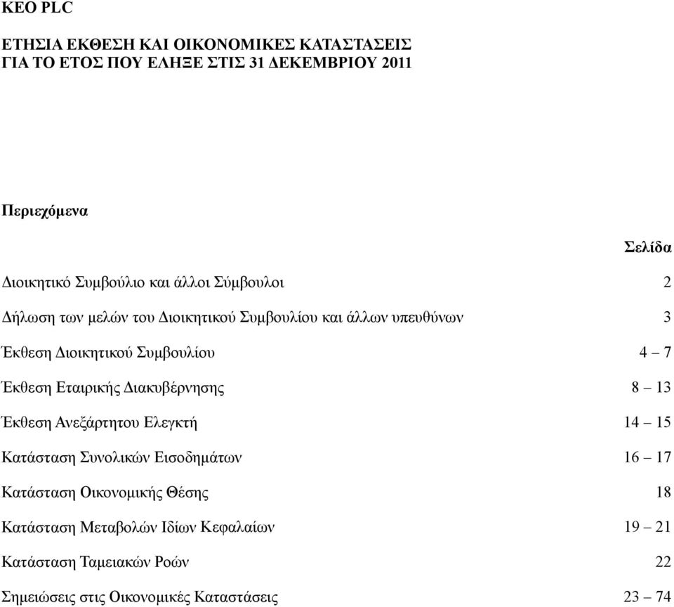 Διακυβέρνησης 8 13 Έκθεση Ανεξάρτητου Ελεγκτή 14 15 Κατάσταση Συνολικών Εισοδημάτων 16 17 Κατάσταση Οικονομικής