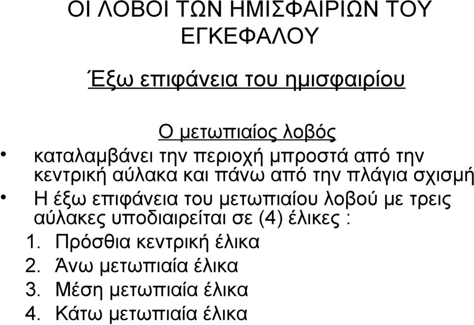 Η έξω επιφάνεια του μετωπιαίου λοβού με τρεις αύλακες υποδιαιρείται σε (4) έλικες : 1.