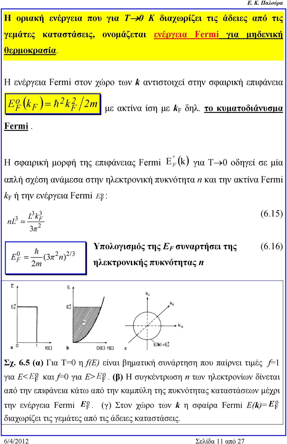 το κυματοδιάνυσμα Η σφαιρική μορφή της επιφάνειας Fermi E o F k για Τ0 οδηγεί σε μία απλή σχέση ανάμεσα στην ηλεκτρονική πυκνότητα n και την ακτίνα Fermi k F ή την ενέργεια Fermi E o F : (6.