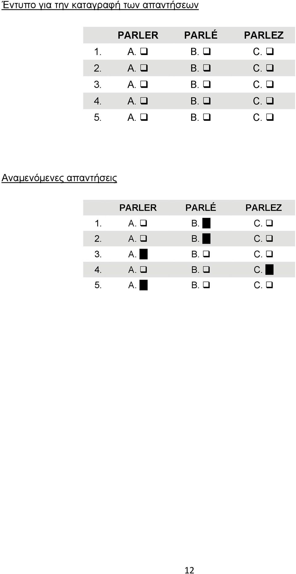 A. B. C. Αναμενόμενες απαντήσεις PARLER PARLÉ  A. B. C. 12