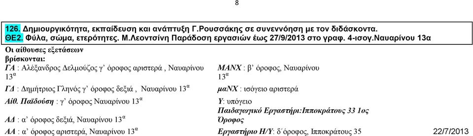 Ναυαρίνου 13α Οι αίθουσες εξετάσεων βρίσκονται: : Αλέξανδρος Δελμούζος γ όροφος αριστερά, Ναυαρίνου ΜΑΝΧ : β όροφος, Ναυαρίνου 13 α 13 α : Δημήτριος