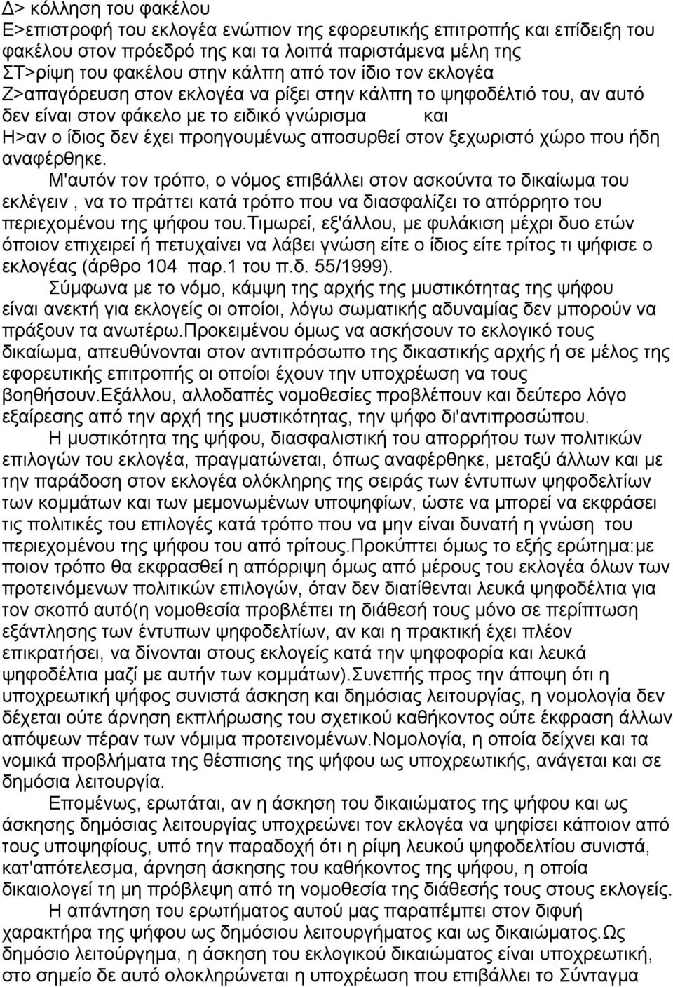 που ήδη αναφέρθηκε. Μ'αυτόν τον τρόπο, ο νόµος επιβάλλει στον ασκούντα το δικαίωµα του εκλέγειν, να το πράττει κατά τρόπο που να διασφαλίζει το απόρρητο του περιεχοµένου της ψήφου του.