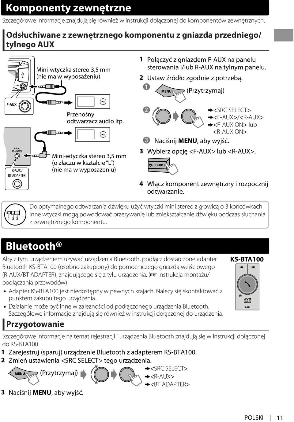 Mini-wtyczka stereo 3,5 mm (o złączu w kształcie L ) (nie ma w wyposażeniu) Połączyć z gniazdem F-AUX na panelu sterowania i/lub R-AUX na tylnym panelu. 2 Ustaw źródło zgodnie z potrzebą.