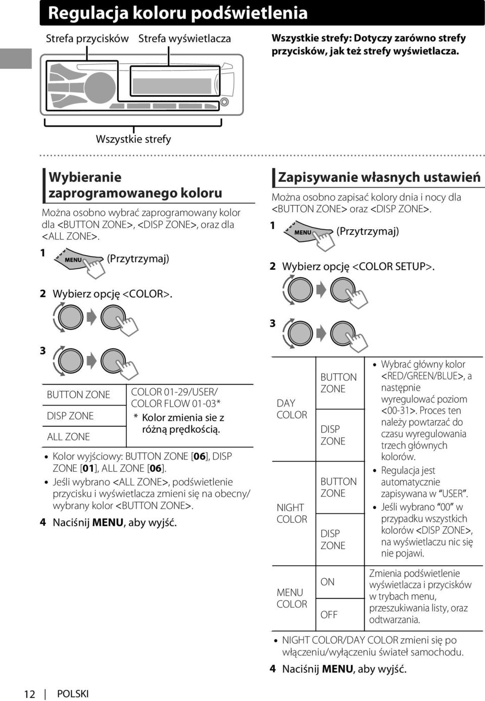 (Przytrzymaj) Zapisywanie własnych ustawień Można osobno zapisać kolory dnia i nocy dla <BUTTON ZONE> oraz <DISP ZONE>. (Przytrzymaj) 2 Wybierz opcję <COLOR SETUP>. 2 Wybierz opcję <COLOR>.