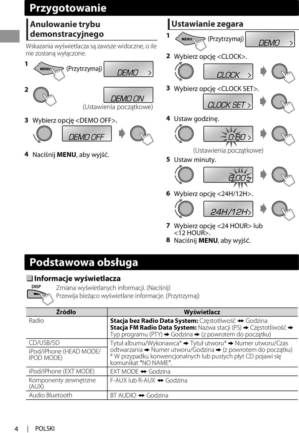 6 Wybierz opcję <24H/2H>. Podstawowa obsługa Informacje wyświetlacza Zmiana wyświetlanych informacji. (Naciśnij) Przewija bieżąco wyświetlane informacje.