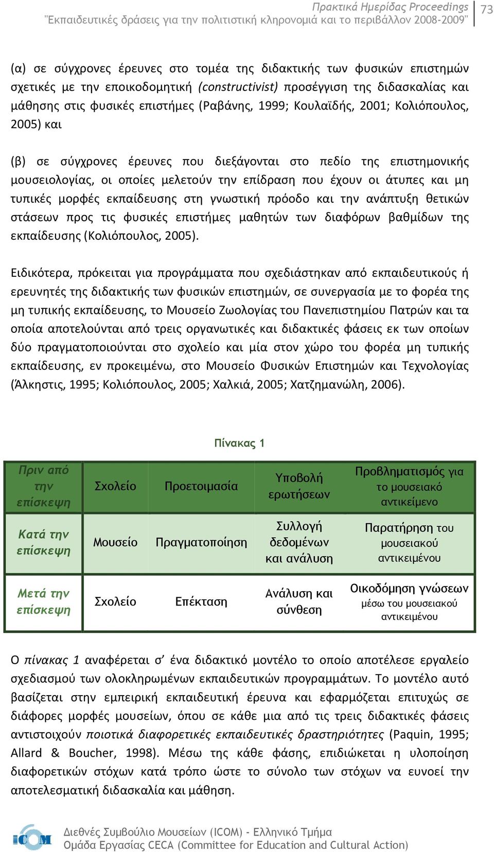 μορφές εκπαίδευσης στη γνωστική πρόοδο και την ανάπτυξη θετικών στάσεων προς τις φυσικές επιστήμες μαθητών των διαφόρων βαθμίδων της εκπαίδευσης (Κολιόπουλος, 2005).