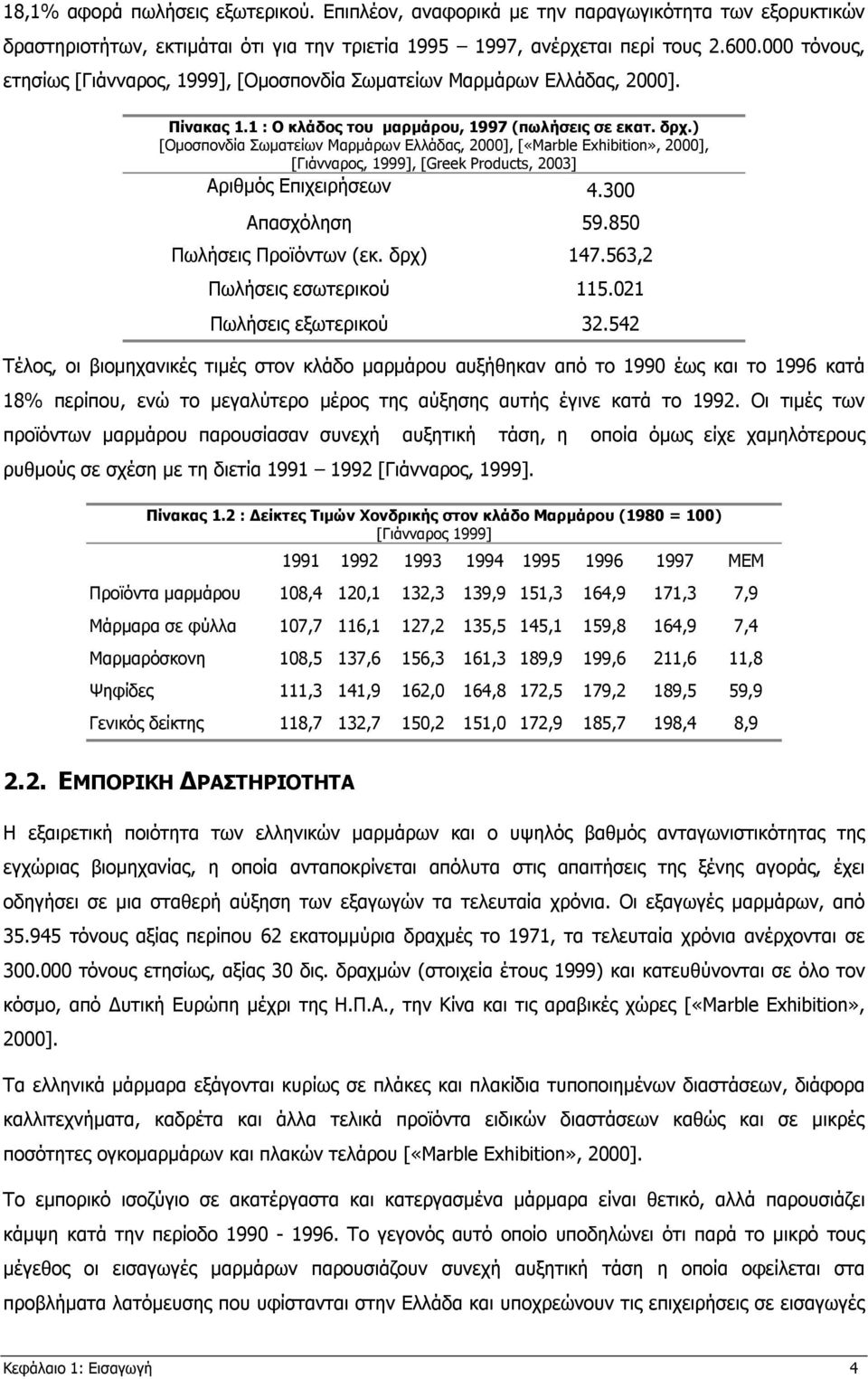 ) [Οµοσπονδία Σωµατείων Μαρµάρων Ελλάδας, 2000], [«Marble Exhibition», 2000], [Γιάνναρος, 1999], [Greek Products, 2003] Αριθµός Επιχειρήσεων 4.300 Απασχόληση 59.850 Πωλήσεις Προϊόντων (εκ. δρχ) 147.