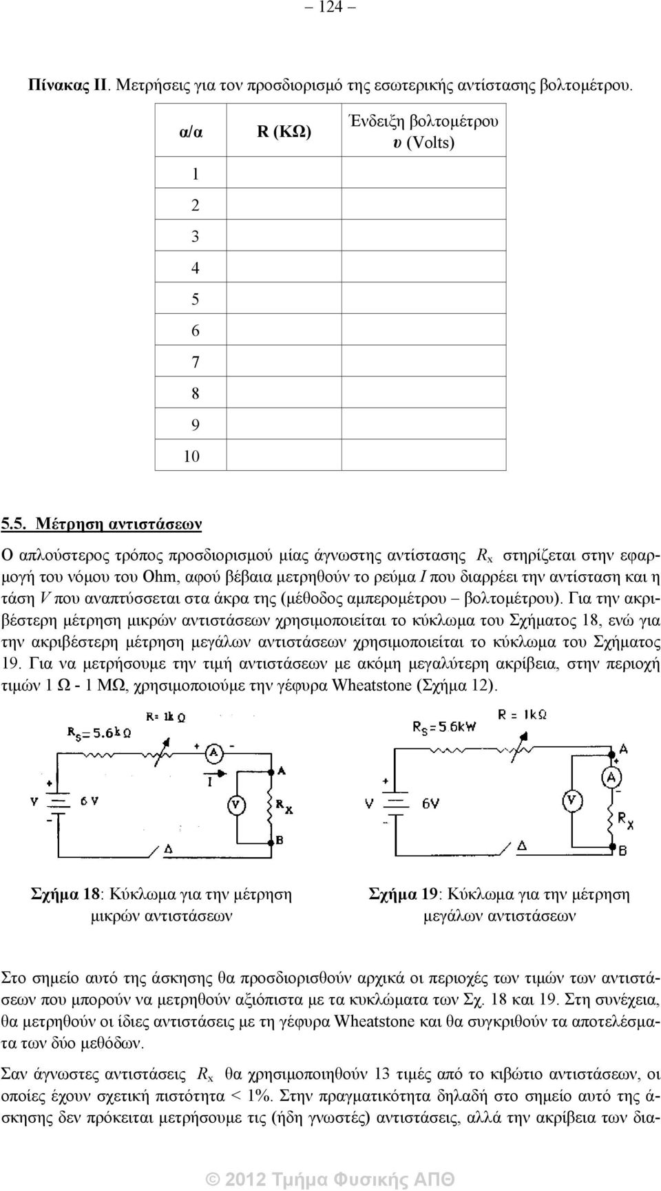 5. Μέτρηση αντιστάσεων Ο απλούστερος τρόπος προσδιορισμού μίας άγνωστης αντίστασης R x στηρίζεται στην εφαρμογή του νόμου του Ohm, αφού βέβαια μετρηθούν το ρεύμα I που διαρρέει την αντίσταση και η