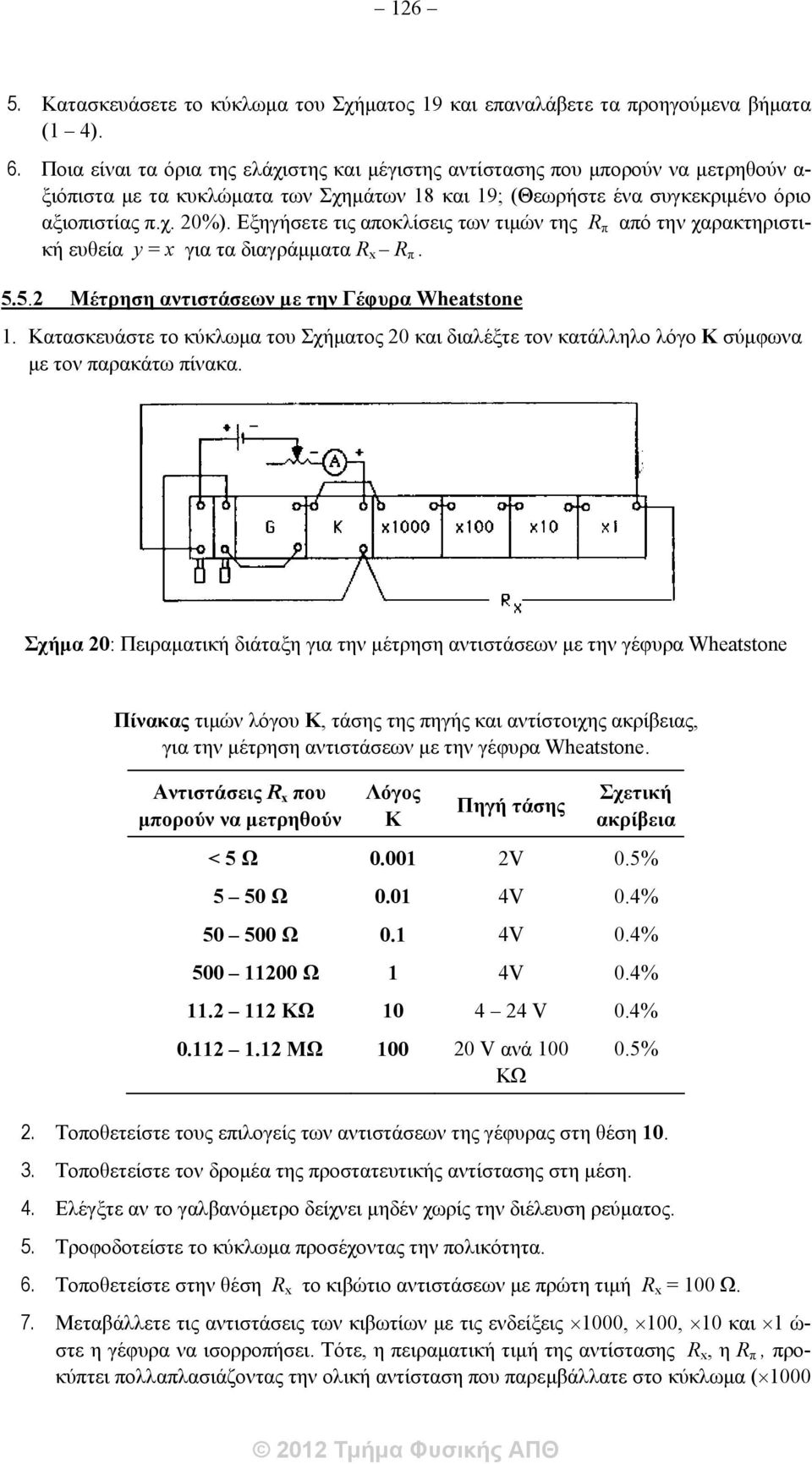 Εξηγήσετε τις αποκλίσεις των τιμών της R π από την χαρακτηριστική ευθεία y = x για τα διαγράμματα R x R π. 5.5.2 Μέτρηση αντιστάσεων με την Γέφυρα Wheatstone 1.