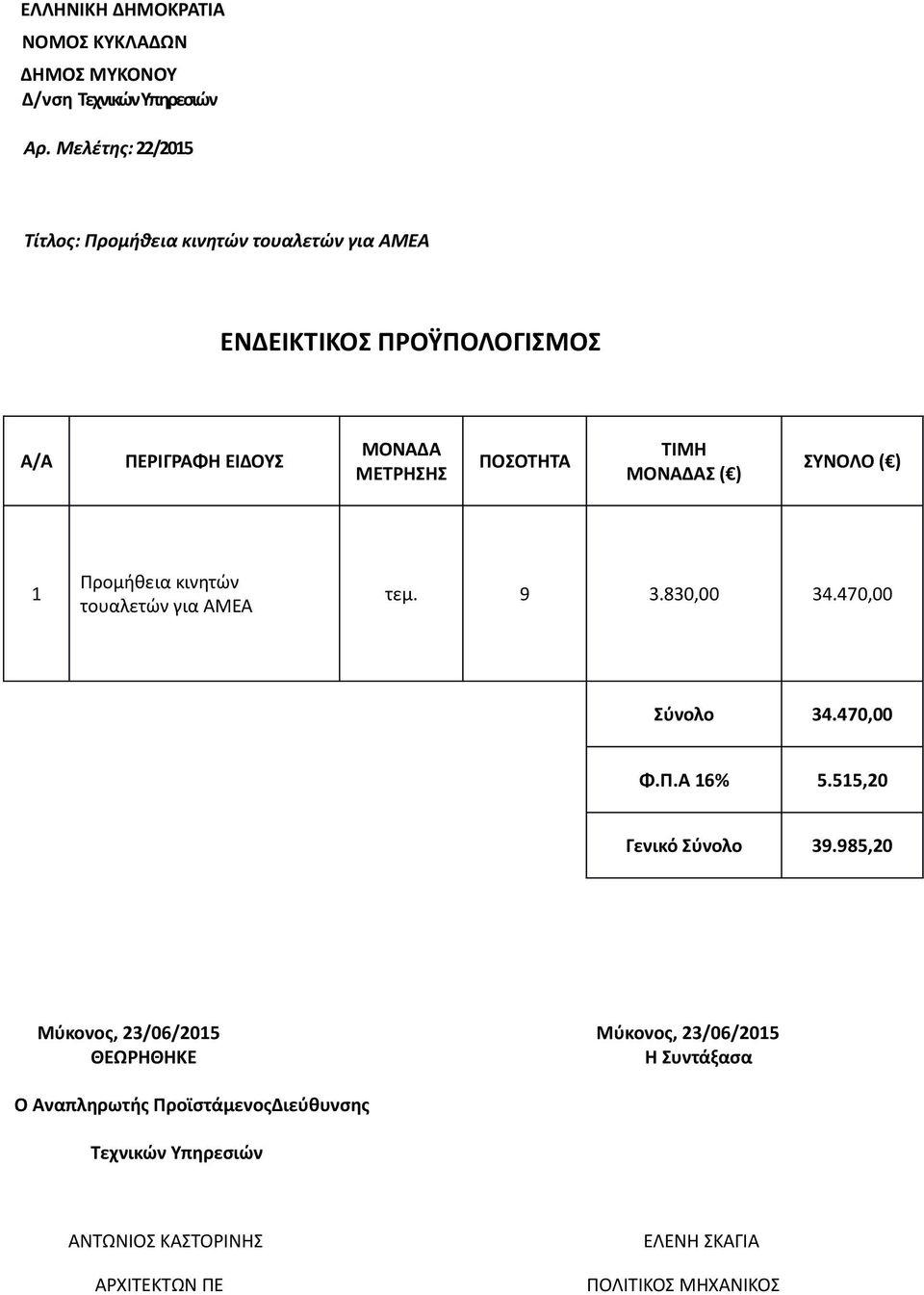 ΤΙΜΗ ΜΟΝΑΔΑΣ ( ) ΣΥΝΟΛΟ ( ) 1 Προμήθεια κινητών τουαλετών για ΑΜΕΑ τεμ. 9 3.830,00 34.470,00 Σύνολο 34.470,00 Φ.Π.Α 16% 5.