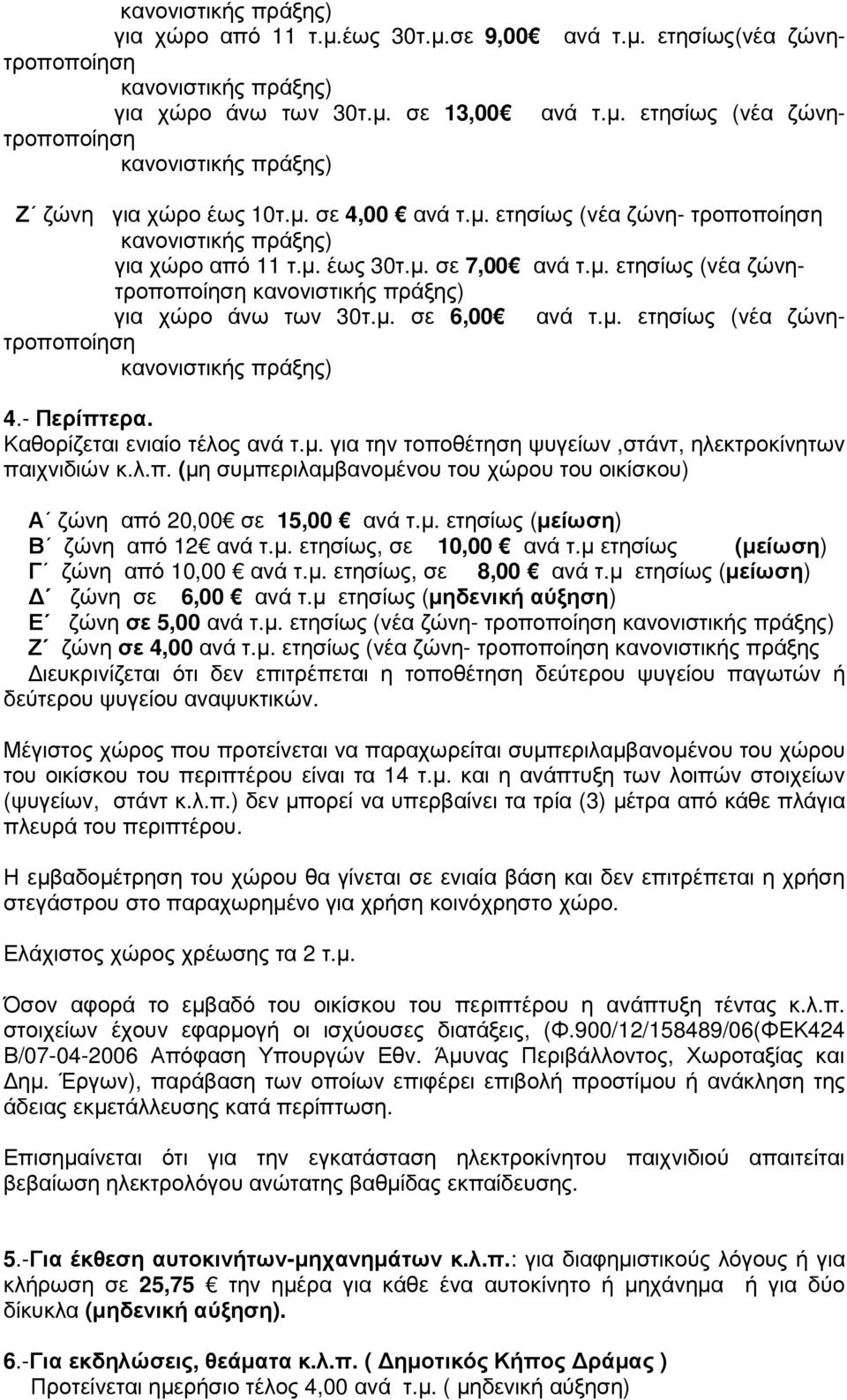 µ. ετησίως (νέα ζώνη- 4.- Περίπτερα. Καθορίζεται ενιαίο τέλος ανά τ.µ. για την τοποθέτηση ψυγείων,στάντ, ηλεκτροκίνητων παιχνιδιών κ.λ.π. (µη συµπεριλαµβανοµένου του χώρου του οικίσκου) Α ζώνη από 20,00 σε 15,00 ανά τ.