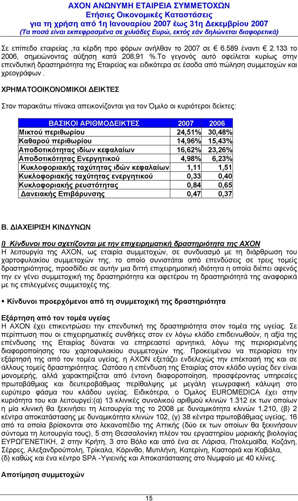 ΧΡΗΜΑΤΟΟΙΚΟΝΟΜΙΚΟΙ ΕΙΚΤΕΣ Στον παρακάτω πίνακα απεικονίζονται για τον Όµιλο οι κυριότεροι δείκτες: ΒΑΣΙΚΟΙ ΑΡΙΘΜΟ ΕΙΚΤΕΣ 2007 2006 Μικτού περιθωρίου 24,51% 30,48% Καθαρού περιθωρίου 14,96% 15,43%