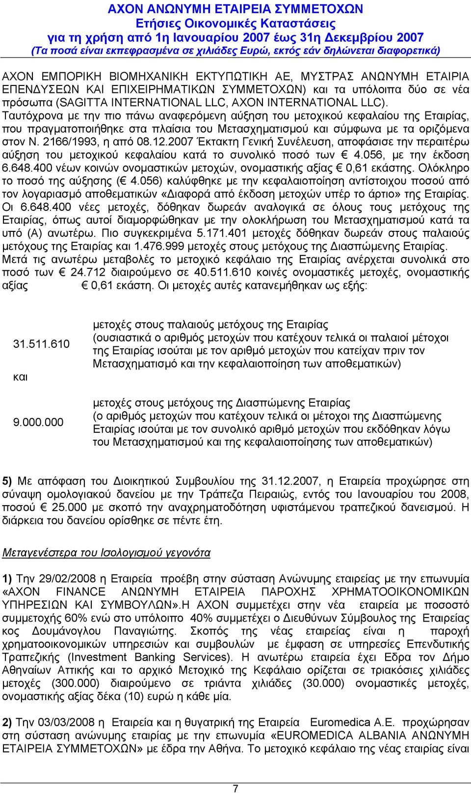 2007 Έκτακτη Γενική Συνέλευση, αποφάσισε την περαιτέρω αύξηση του µετοχικού κεφαλαίου κατά το συνολικό ποσό των 4.056, µε την έκδοση 6.648.