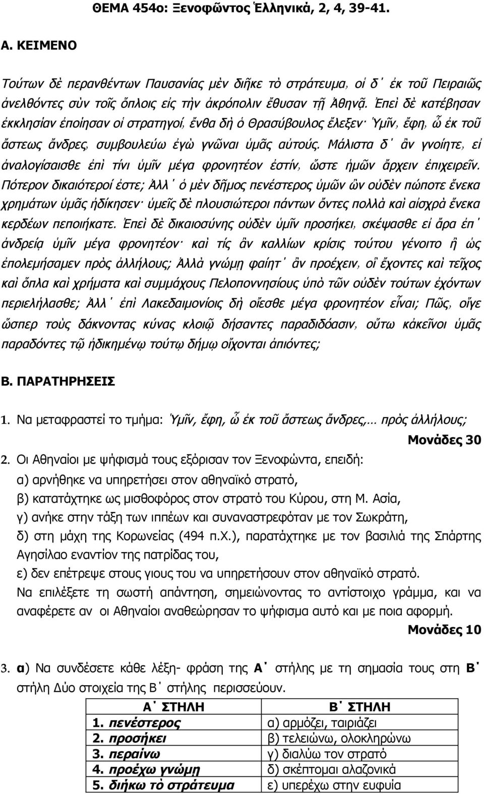 Ασία, γ) ανήκε στην τάξη των ιππέων και συναναστρεφόταν με τον Σωκράτη, δ) στη μάχη