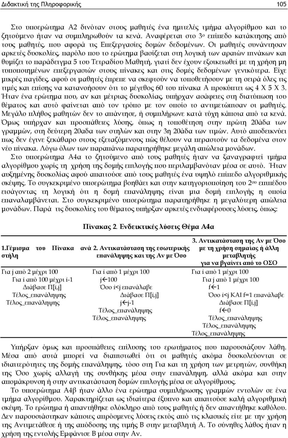 Οι μαθητές συνάντησαν αρκετές δυσκολίες, παρόλο που το ερώτημα βασίζεται στη λογική των αραιών πινάκων και θυμίζει το παράδειγμα 5 του Τετραδίου Μαθητή, γιατί δεν έχουν εξοικειωθεί με τη χρήση μη