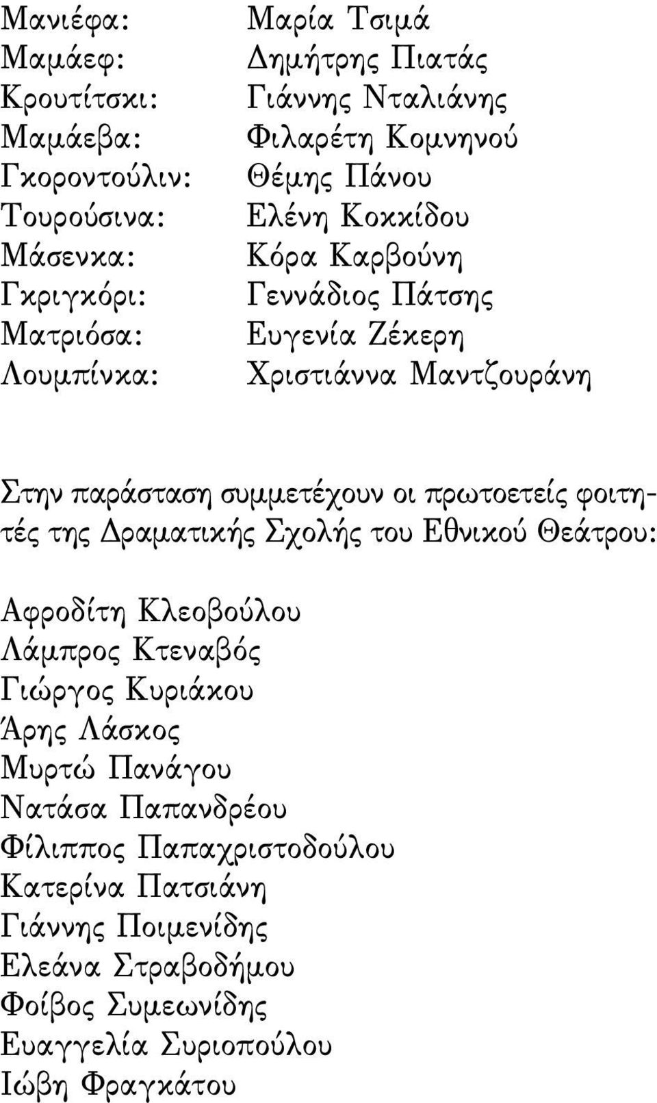 συµµετέχουν οι πρωτοετείς φοιτητές της ραµατικής Σχολής του Εθνικού Θεάτρου: Αφροδίτη Κλεοβούλου Λάµπρος Κτεναβός Γιώργος Κυριάκου Άρης Λάσκος