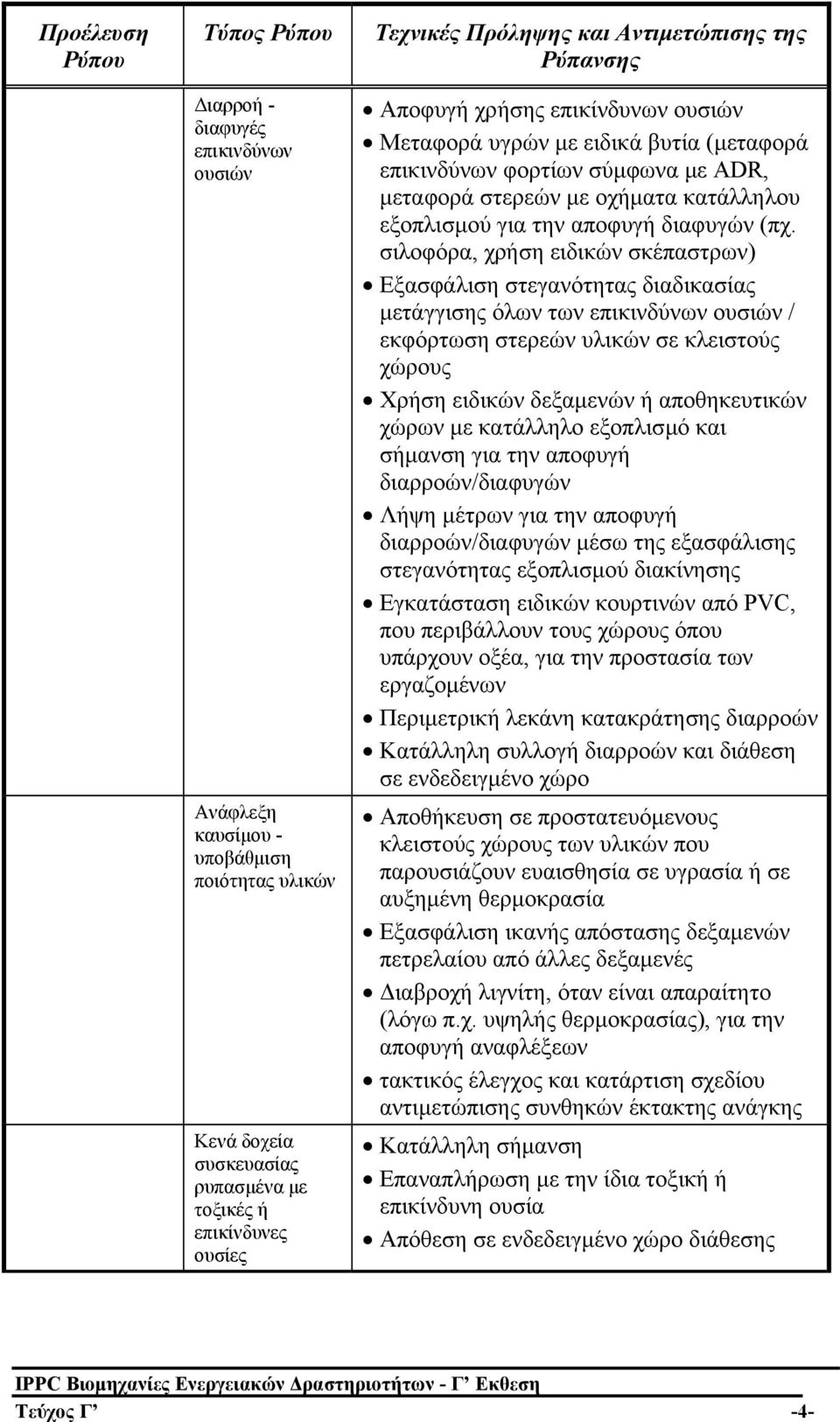 σιλοφόρα, χρήση ειδικών σκέπαστρων) Εξασφάλιση στεγανότητας διαδικασίας µετάγγισης όλων των επικινδύνων ουσιών / εκφόρτωση στερεών υλικών σε κλειστούς χώρους Χρήση ειδικών δεξαµενών ή αποθηκευτικών