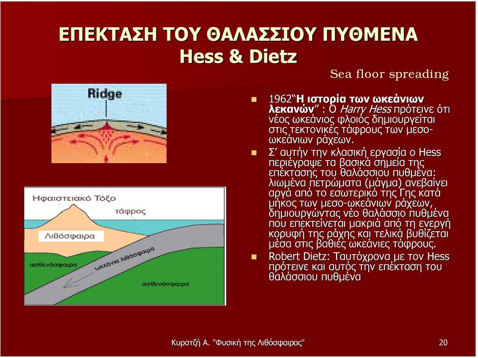 Σ αυτήν την κλασική εργασία ο Hess περιέγραψε τα βασικά σηµεία της επέκτασης του θαλάσσιου πυθµένα: λιωµένα πετρώµατα (µάγµα) ανεβαίνει αργά από το εσωτερικό της Γης