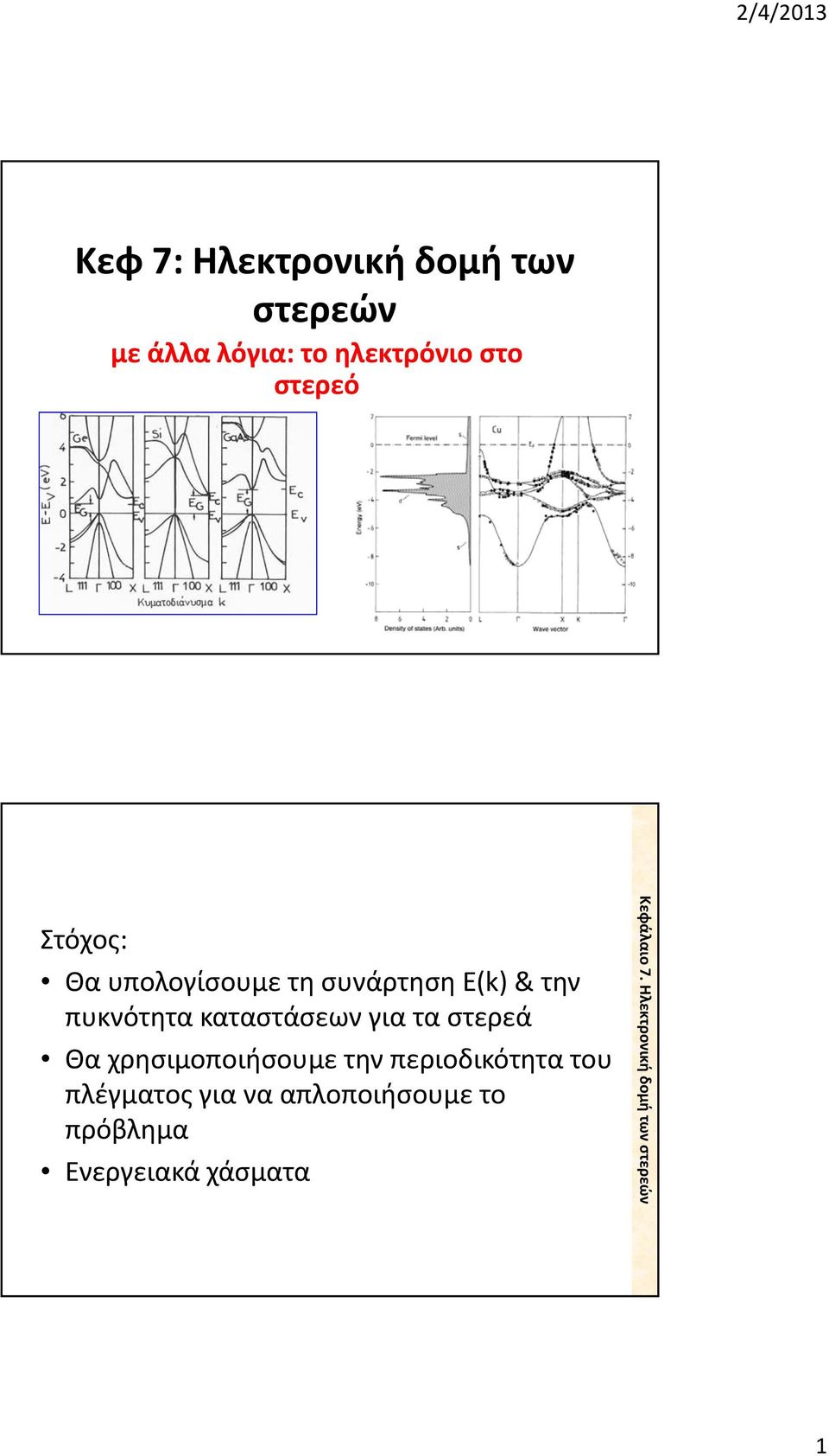 πυκνότητα καταστάσεων για τα στερεά Θα χρησιμοποιήσουμε την