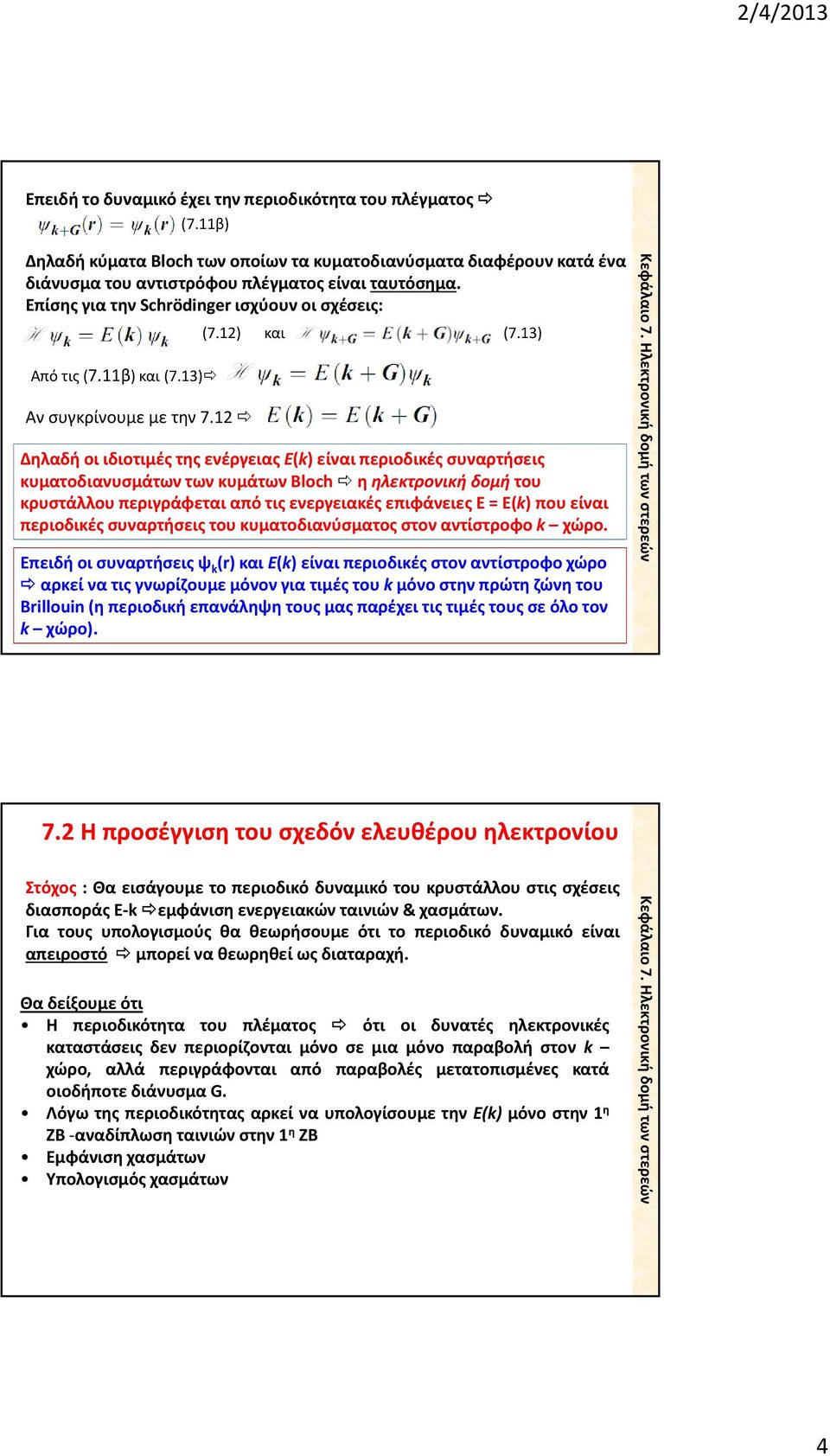 13) Δηλαδή οι ιδιοτιμές της ενέργειας E(k) είναι περιοδικές συναρτήσεις κυματοδιανυσμάτων μ των κυμάτων Bloch η ηλεκτρονική δομή του κρυστάλλου περιγράφεται από τις ενεργειακές επιφάνειες E= E(k) που