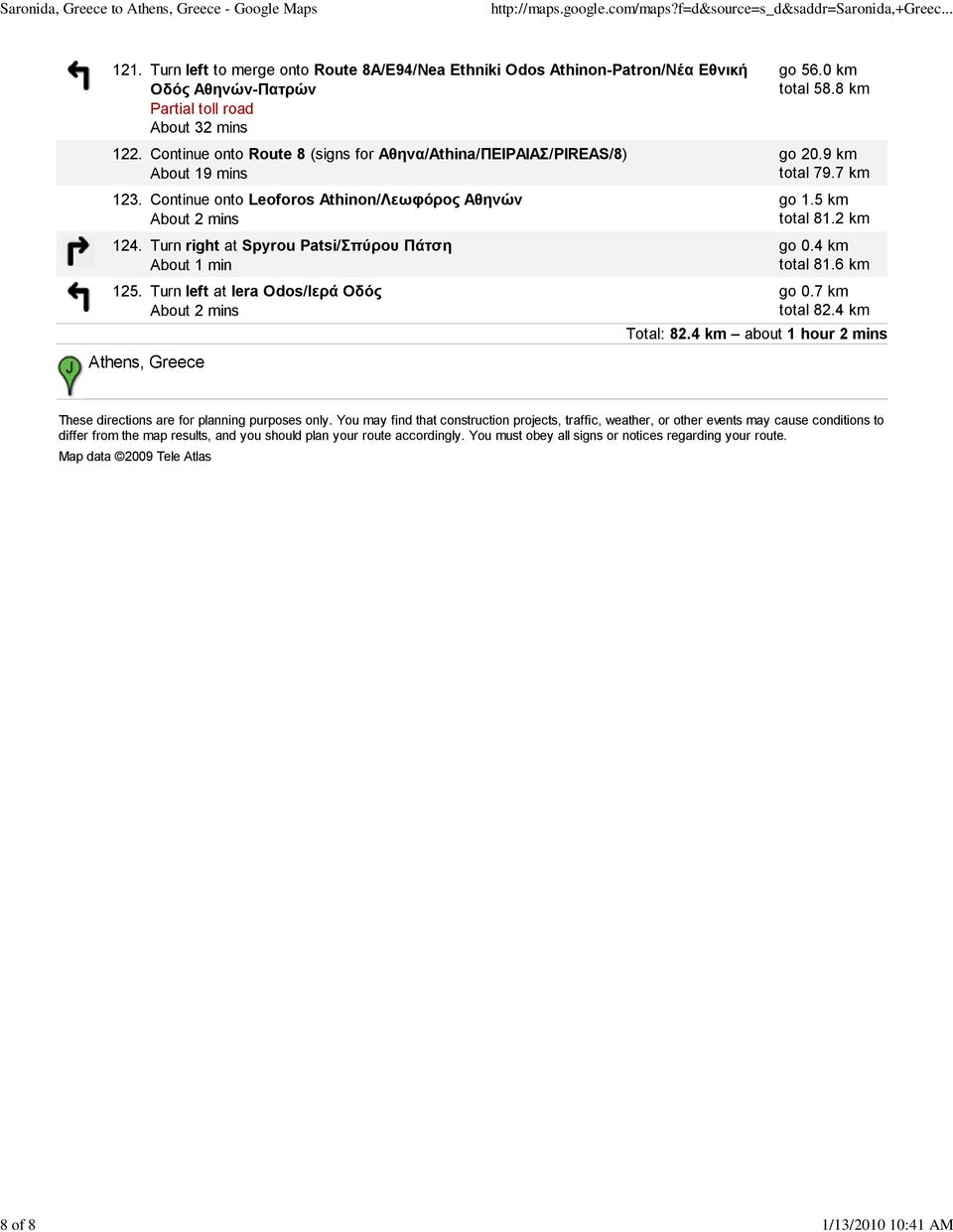 Turn left at Iera Odos/Ιερά Οδός Athens, Greece go 56.0 km total 58.8 km go 20.9 km total 79.7 km go 1.5 km total 81.2 km total 81.6 km go 0.7 km total 82.4 km Total: 82.
