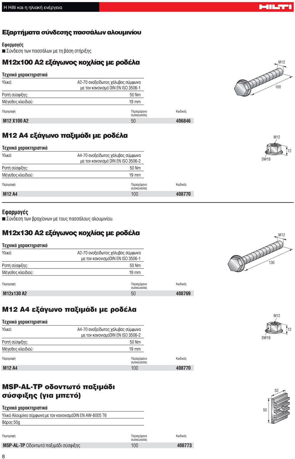 3506-2 50 Nm 19 mm SW19 12 Μ12 Α4 100 408770 Σύνδεση των βραχίονων με τους πασσάλους αλουμινίου.