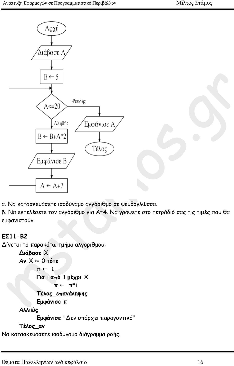 ΕΣ11-Β2 Δίνεται το παρακάτω τµήµα αλγορίθµου: Διάβασε Χ Αν Χ >= 0 τότε π 1 Για i από 1 µέχρι Χ π