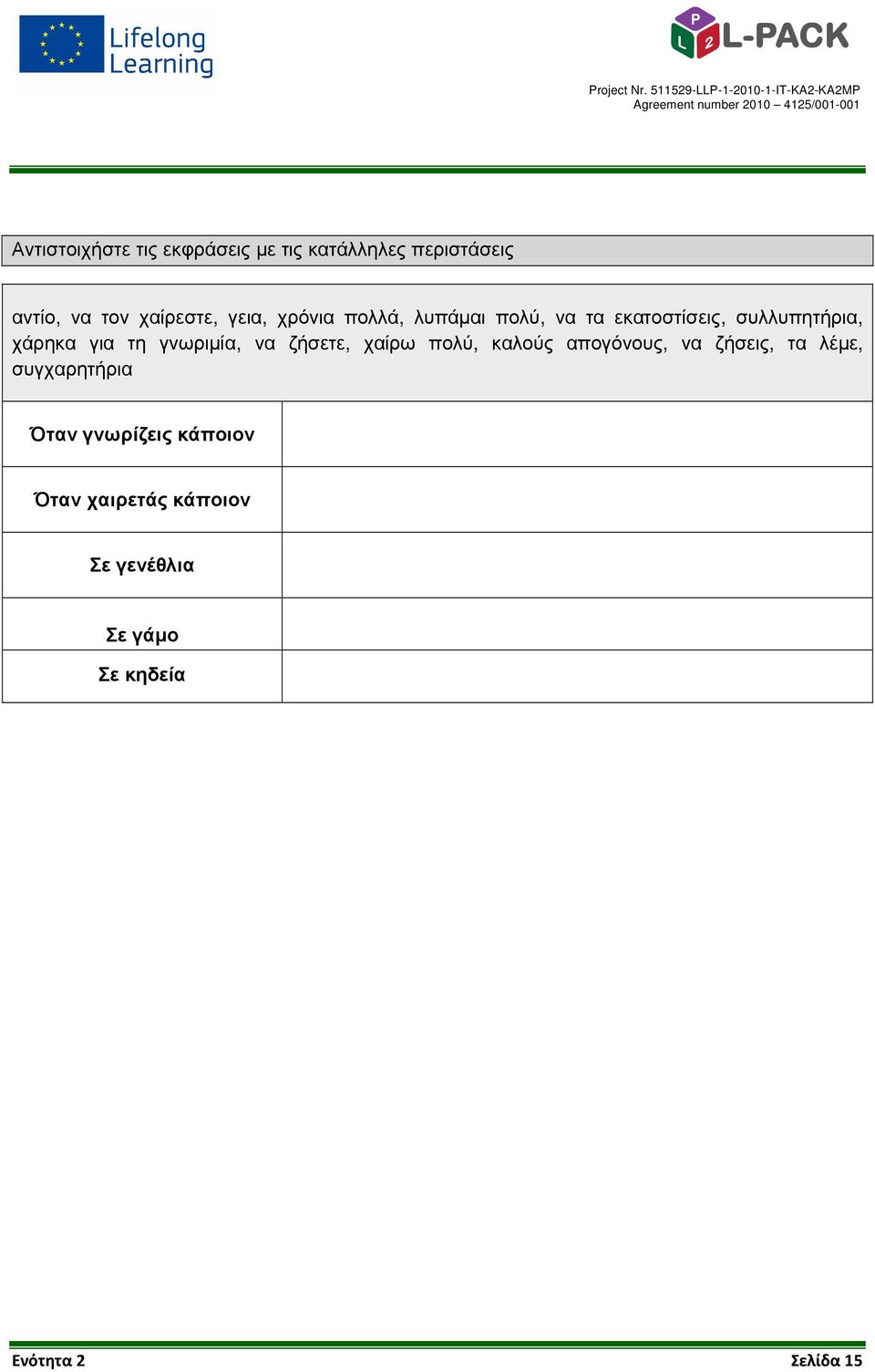 γνωριµία, να ζήσετε, χαίρω πολύ, καλούς απογόνους, να ζήσεις, τα λέµε, συγχαρητήρια