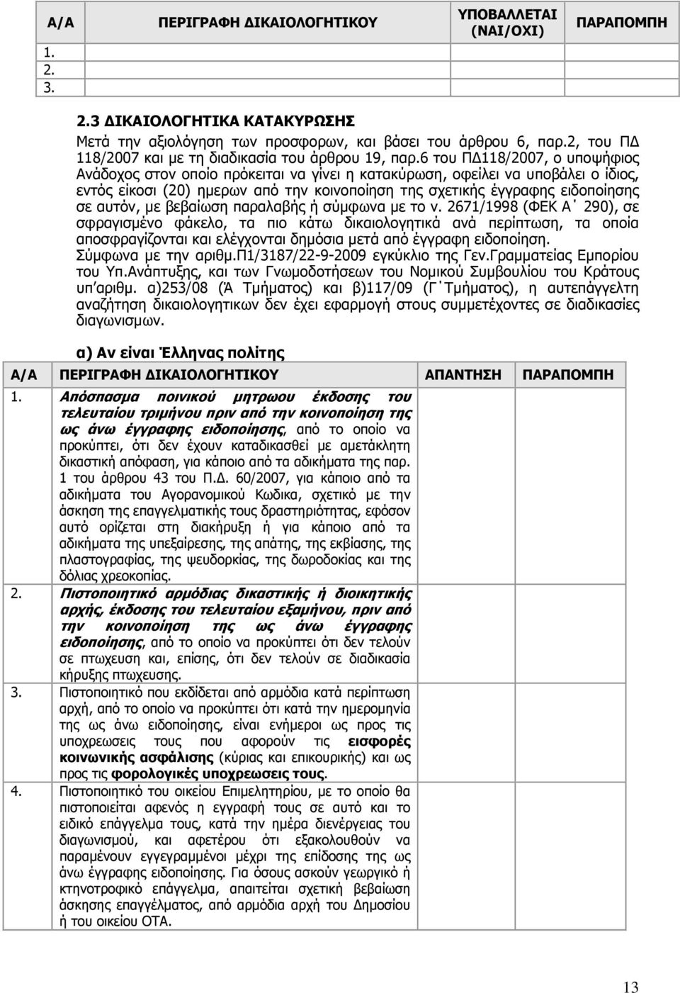 6 του Π 118/2007, ο υποψήφιος Ανάδοχος στον οποίο πρόκειται να γίνει η κατακύρωση, οφείλει να υποβάλει ο ίδιος, εντός είκοσι (20) ημερων από την κοινοποίηση της σχετικής έγγραφης ειδοποίησης σε