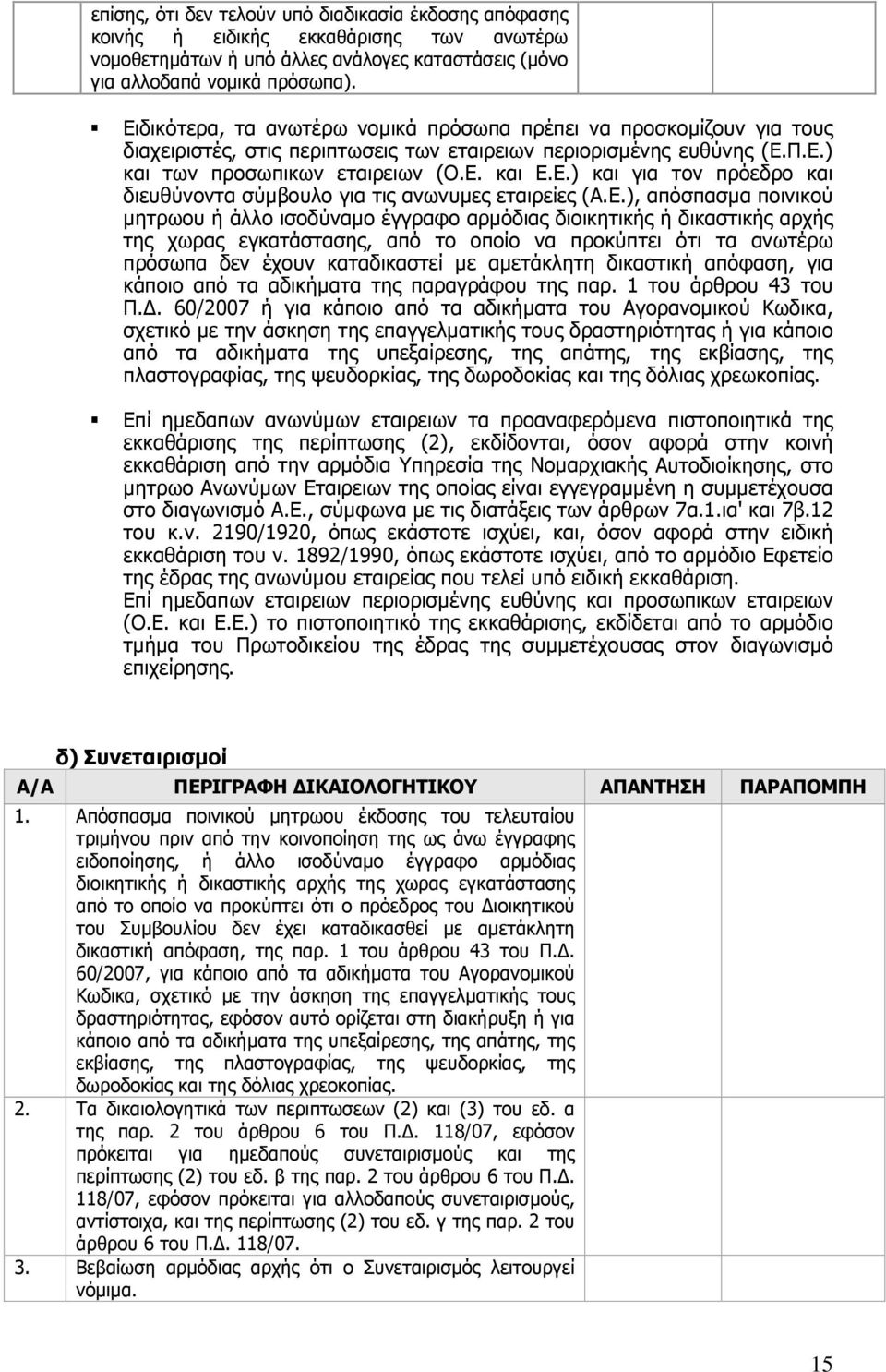 Ε.), απόσπασμα ποινικού μητρωου ή άλλο ισοδύναμο έγγραφο αρμόδιας διοικητικής ή δικαστικής αρχής της χωρας εγκατάστασης, από το οποίο να προκύπτει ότι τα ανωτέρω πρόσωπα δεν έχουν καταδικαστεί με