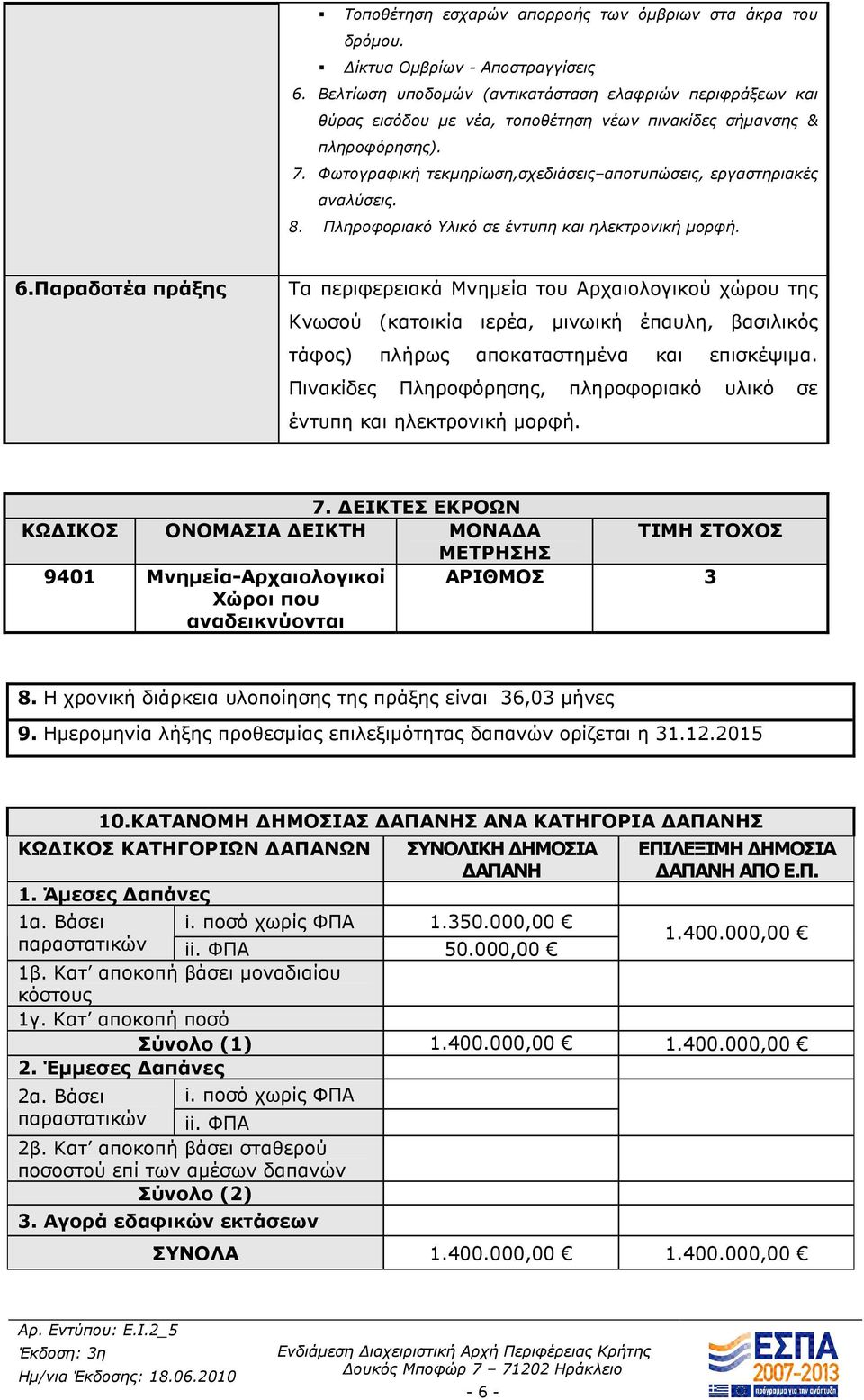 Φωτογραφική τεκµηρίωση,σχεδιάσεις αποτυπώσεις, εργαστηριακές αναλύσεις. 8. Πληροφοριακό Υλικό σε έντυπη και ηλεκτρονική µορφή. 6.