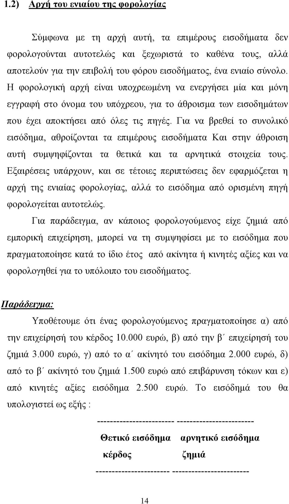 Για να βρεθεί το συνολικό εισόδηµα, αθροίζονται τα επιµέρους εισοδήµατα Και στην άθροιση αυτή συµψηφίζονται τα θετικά και τα αρνητικά στοιχεία τους.