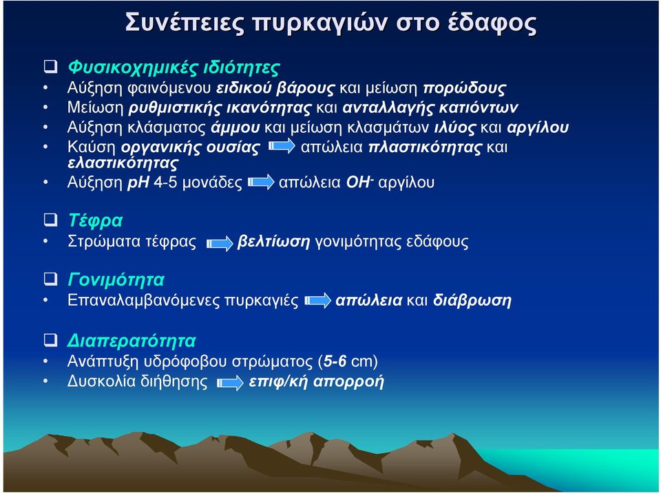 ελαστικότητας απώλεια πλαστικότητας και Αύξηση ph 4-5 µονάδες απώλεια ΟΗ - αργίλου Τέφρα Στρώµατα τέφρας βελτίωση γονιµότητας