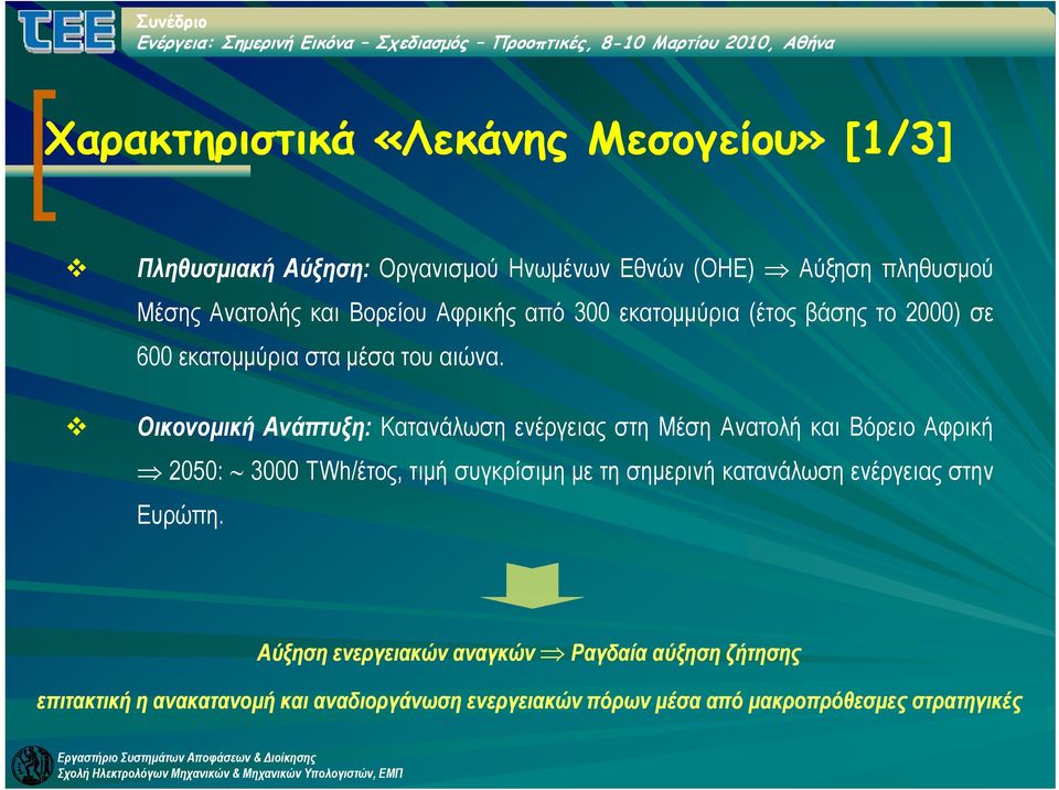 Οικονομική Ανάπτυξη: Κατανάλωση ενέργειας στη Μέση Ανατολή και Βόρειο Αφρική 2050: 3000 TWh/έτος, τιμή συγκρίσιμη με τη σημερινή