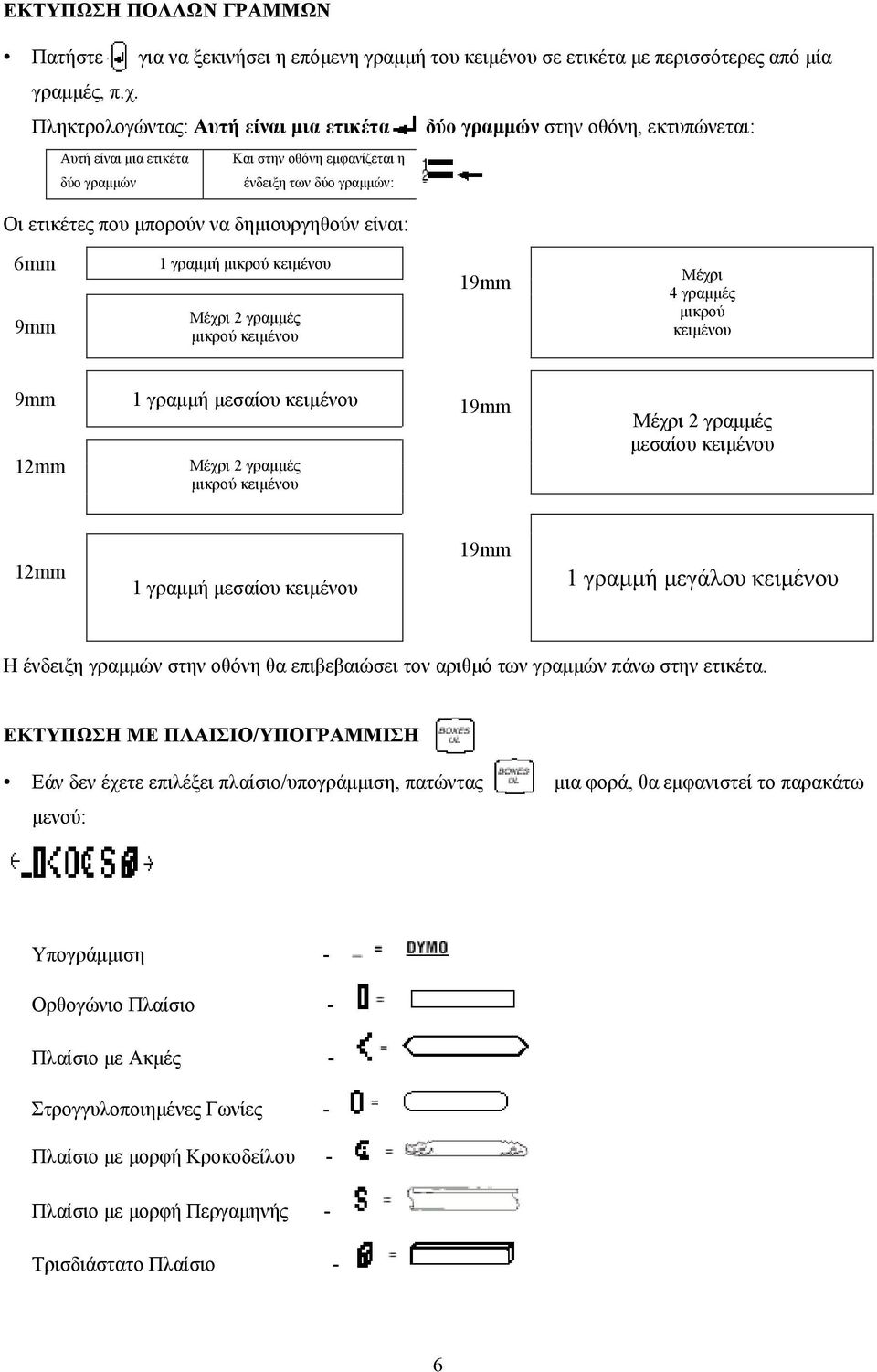 δημιουργηθούν είναι: 6mm 9mm 1 γραμμή μικρού κειμένου Μέχρι 2 γραμμές μικρού κειμένου 19mm Μέχρι 4 γραμμές μικρού κειμένου 9mm 12mm 1 γραμμή μεσαίου κειμένου Μέχρι 2 γραμμές μικρού κειμένου 19mm